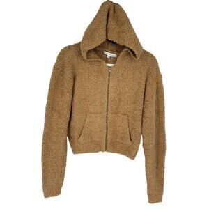 Young Fabulous & Broke Brown Fuzzy Zip Up Hoodie Sweatshirt Small Crop